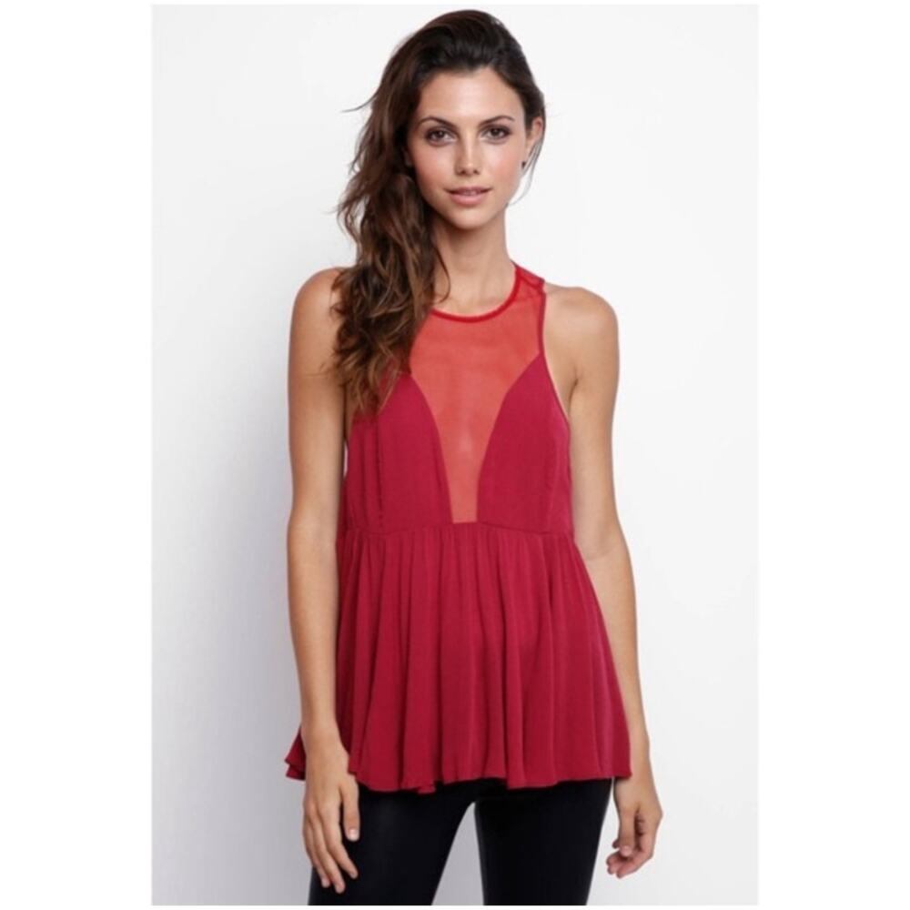 Free People Intimately Marble Illusion Mesh Peplum Tank Top Raspberry Red Medium
